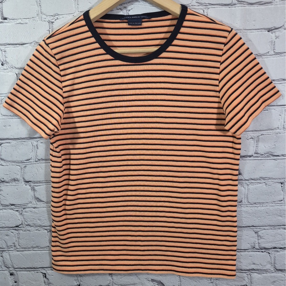 Vtg 90s Ralph Lauren Sport Striped Ringer Tee Shirt Top Navy Orange Womens L Y2K